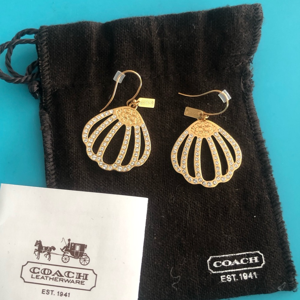 New Coach signature logo gold dangle shells fans crystals hanging hook earrings
